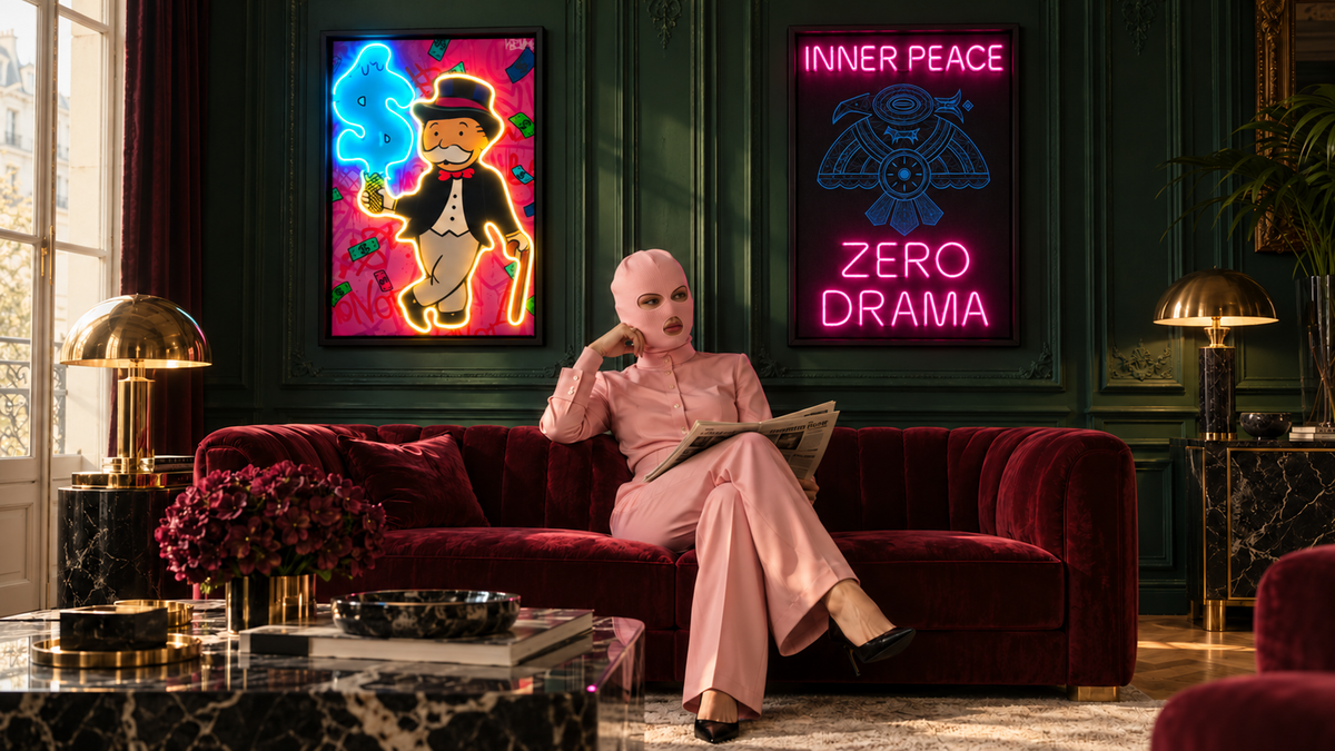 A collector in a pink suit sits in a richly detailed room beneath two illuminated ATELIER ICONS artworks.