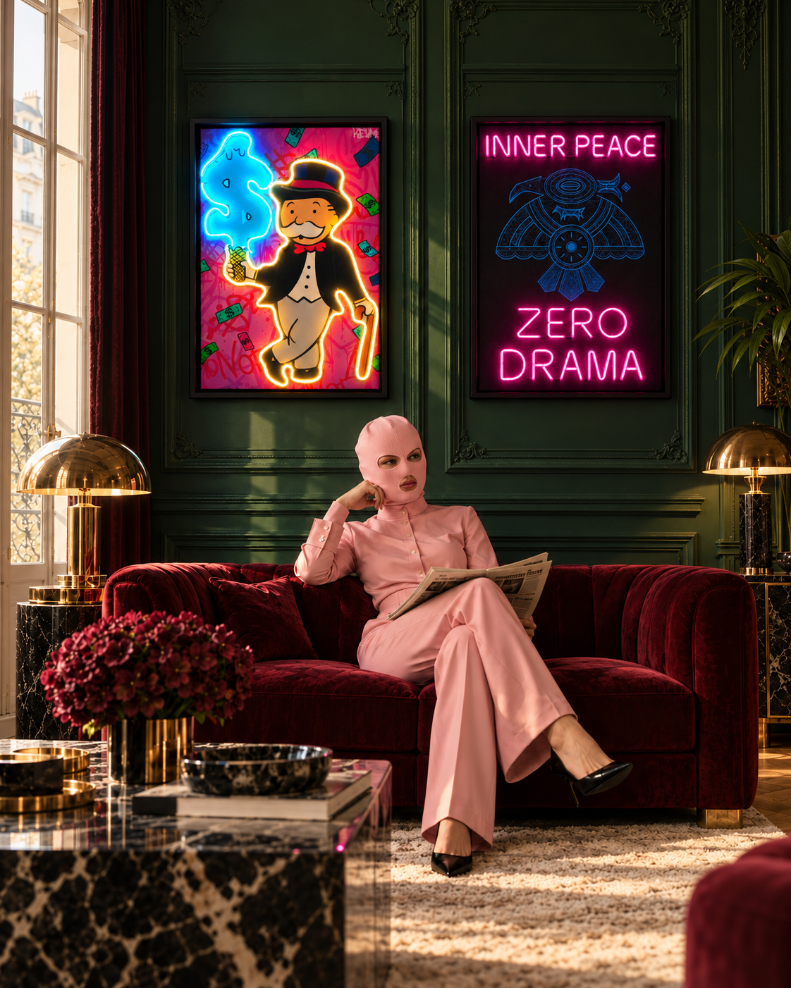 A collector in a pink suit sits in a richly detailed room beneath two illuminated ATELIER ICONS artworks.
