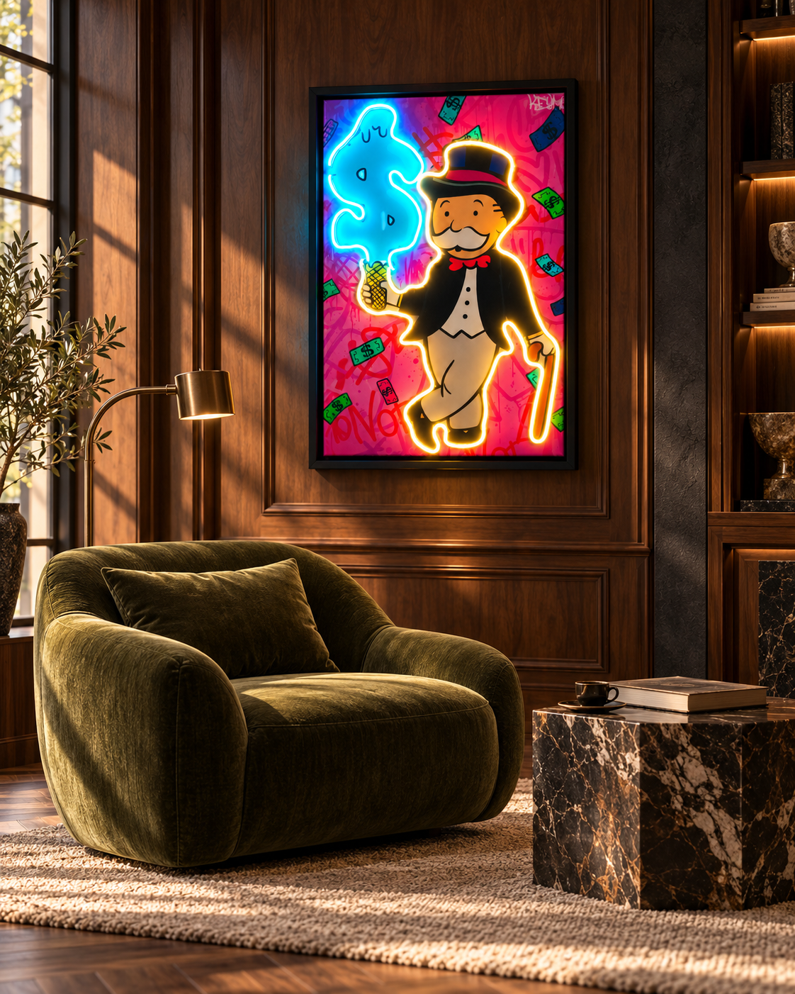 An illuminated framed artwork creates a focal point in a warm, carefully composed living room.