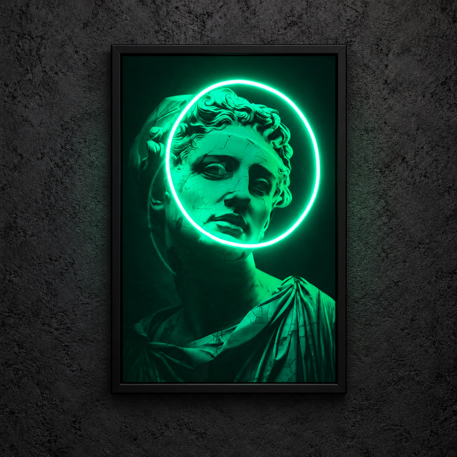 Framed David Art artwork showing a green-tinted classical bust with a circle around its face, with a green circular halo illuminated.