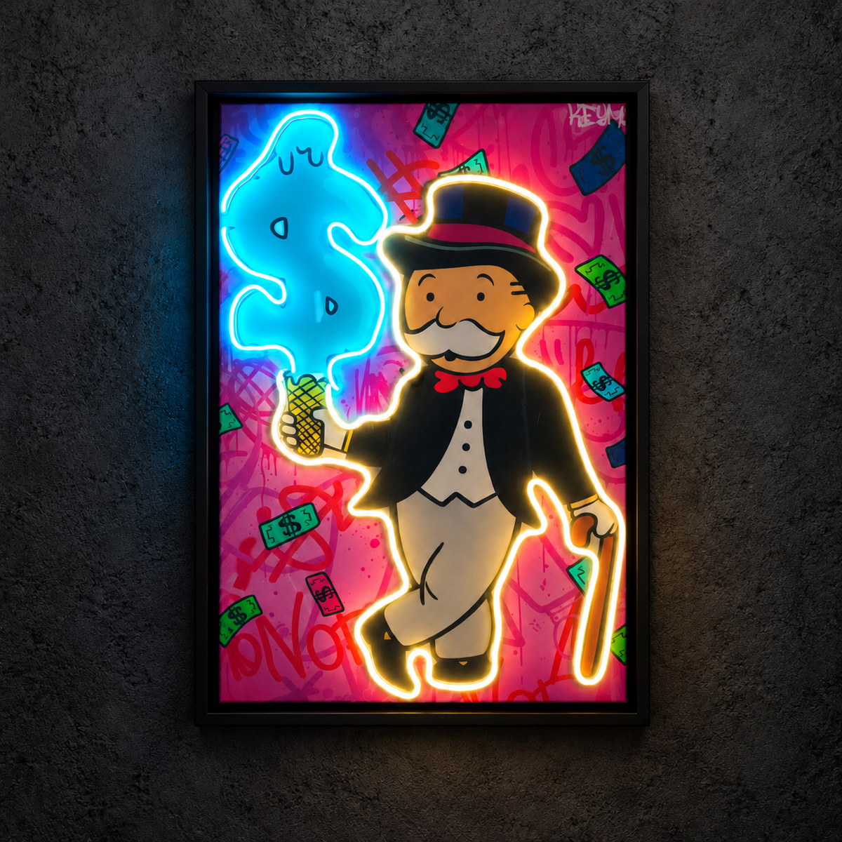 Exclusive Monopoly artwork with front neon elements and black frame