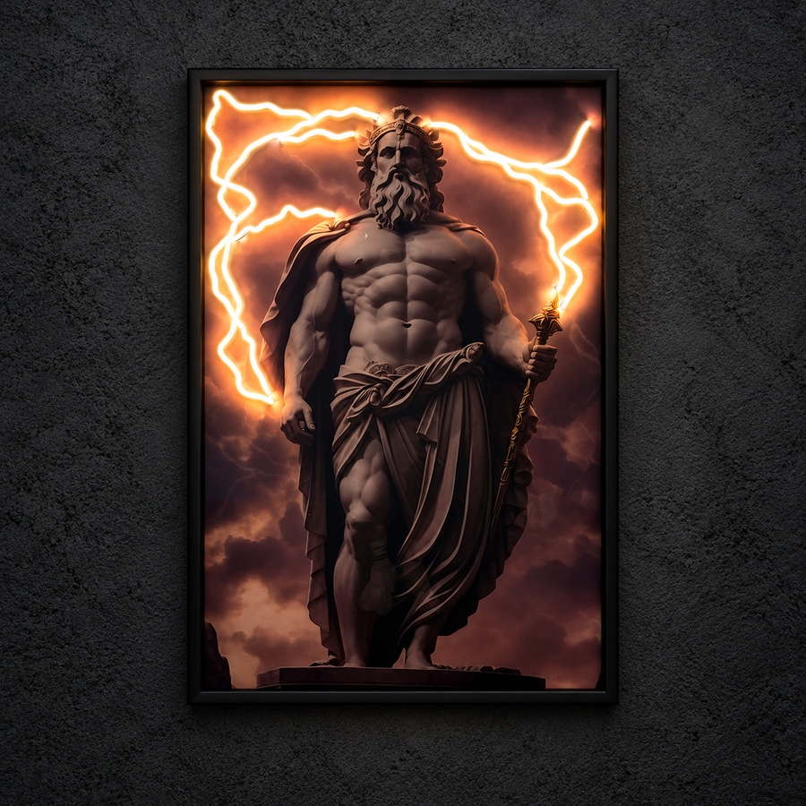 Framed Exclusive Zeus artwork showing a muscular Zeus figure surrounded by lightning against storm clouds, with orange lightning illuminated.