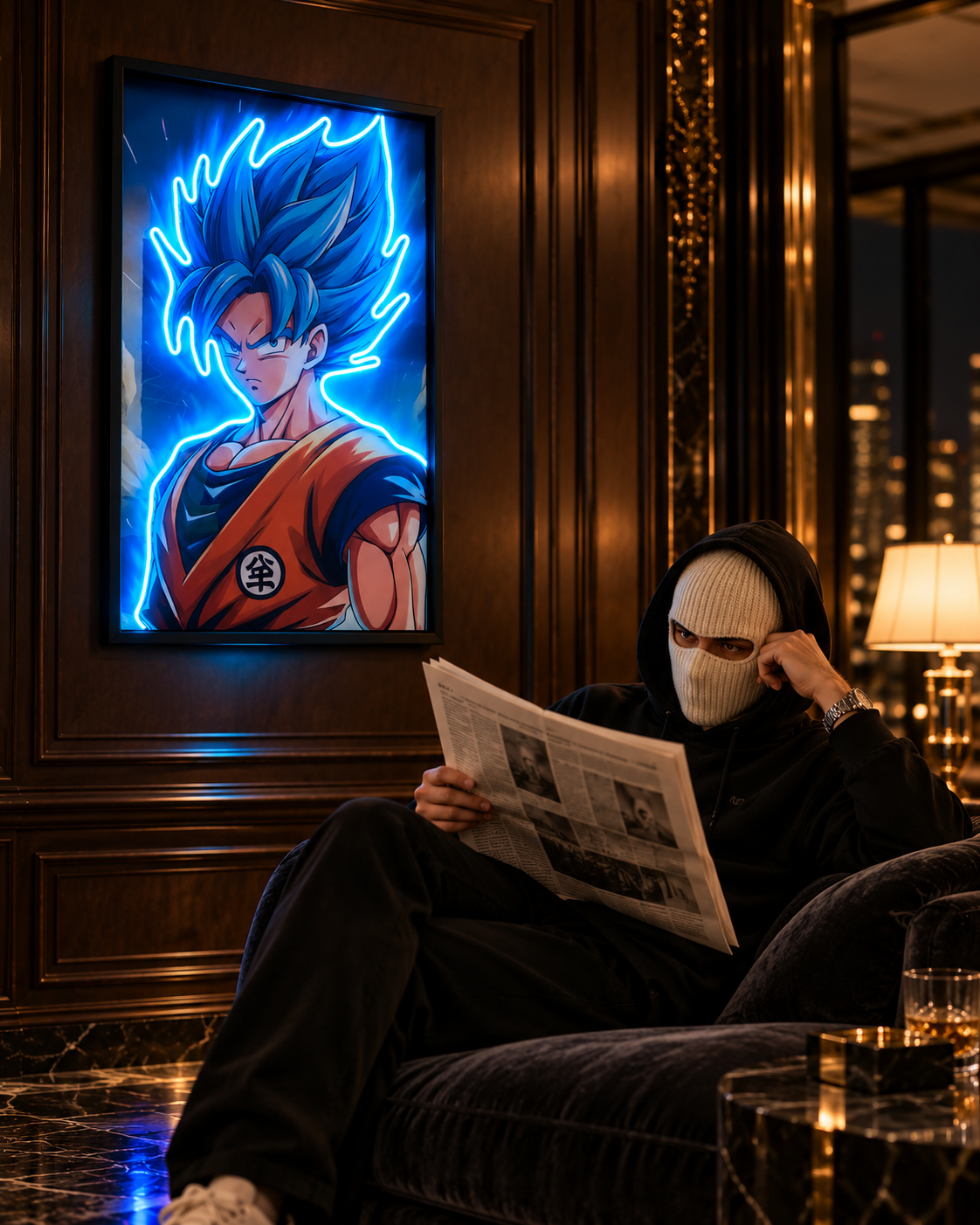 Goku SSJ Blue — interior view, neon on