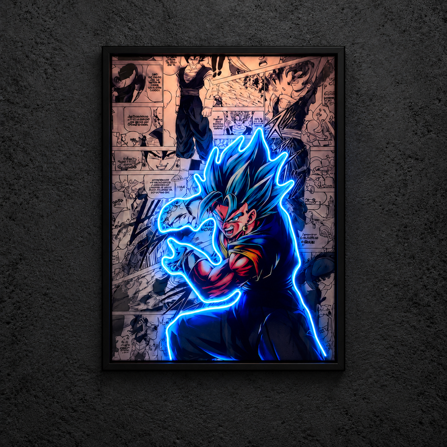 Framed Goku SSJ Dios Azul artwork showing a blue-haired fighter in front of black-and-white manga panels, with a blue figure outline illuminated.