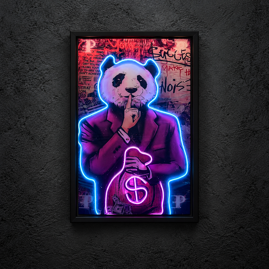Framed Panda Money artwork showing a panda in a purple jacket holding a money bag and a finger to its mouth, with blue and pink outlines illuminated.