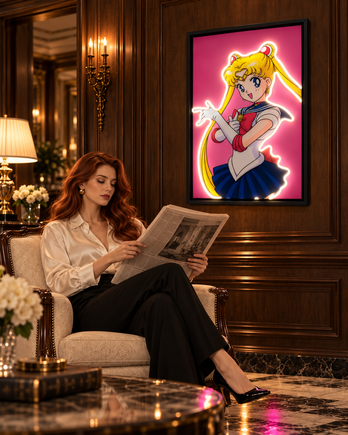 Sailor Moon — interior view, neon on